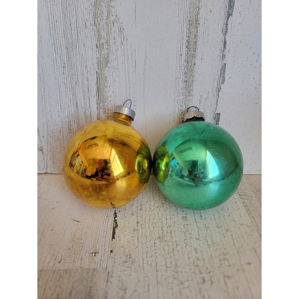 Shiny Brite yellow green ball glass vintage set ornament Xmas unique